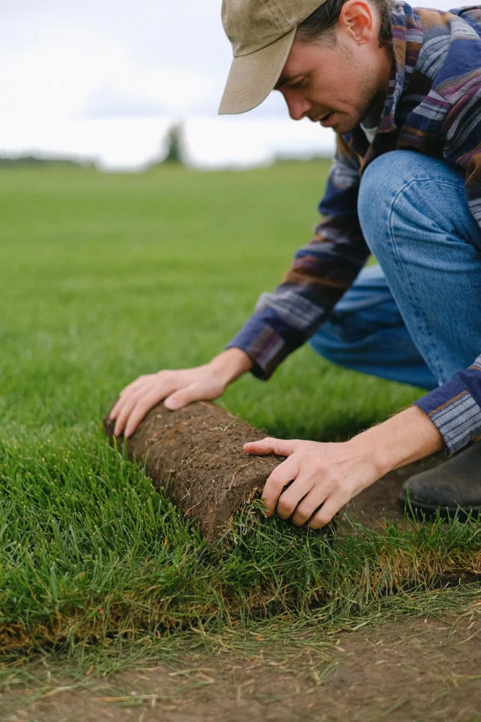 Installer laying a fresh roll of turf over a prepared lawn area